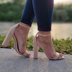 Beige Suede Ankle Strap Block Heel Dress Sandals